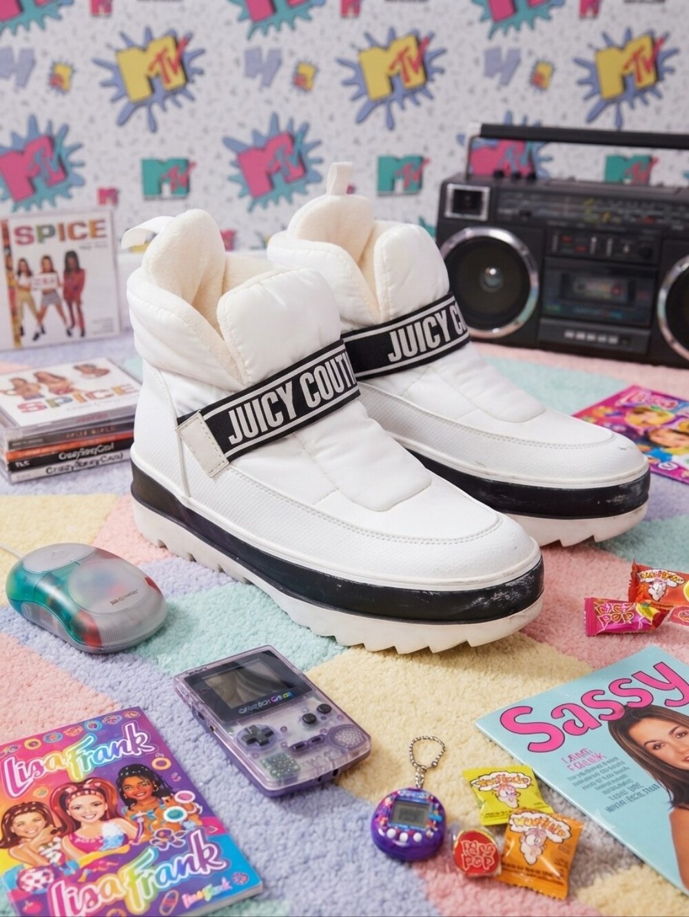 Juicy Couture Puffer Platform Boots Velcro Strap High-Top Sz 9 Y2K style